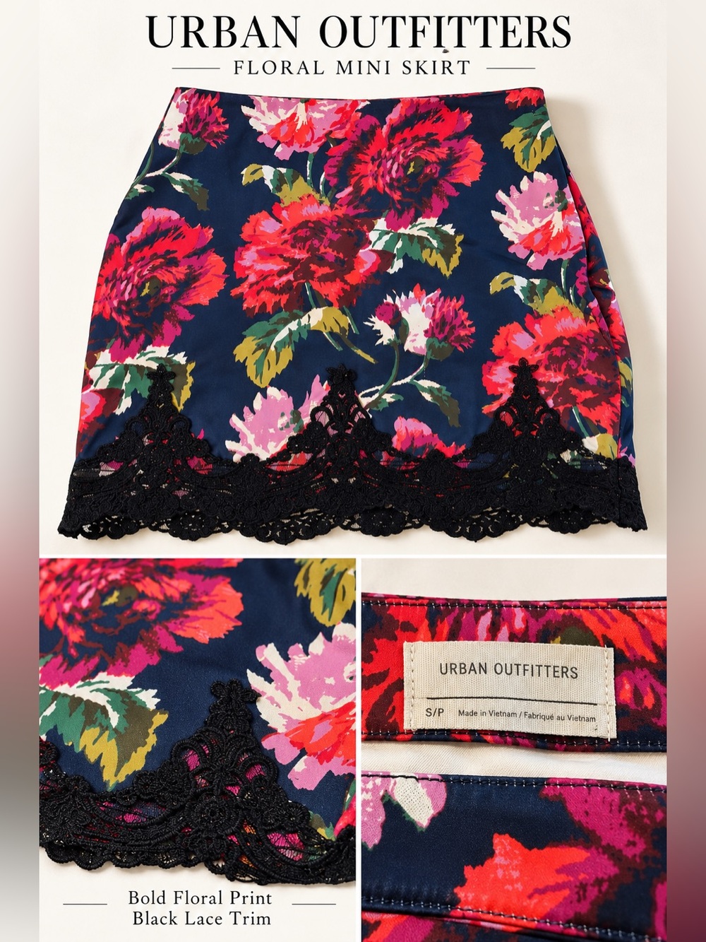 🌺 Urban Outfitters Floral Mini Skirt | Size S/P | Black Lace Trim